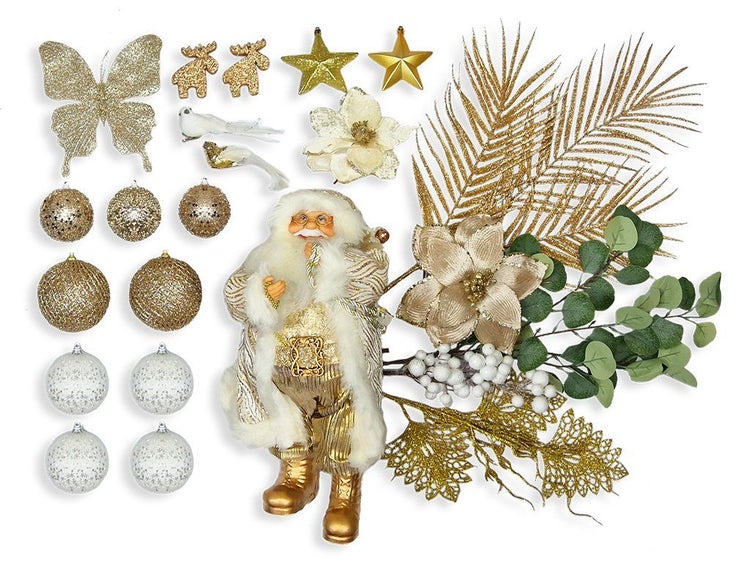 Weihnachtsdekorations Set mit Weihnachtsmann Figur, Weihnachtskugeln, künstlichen Pflanzen und Baumschmuck in festlichem Design