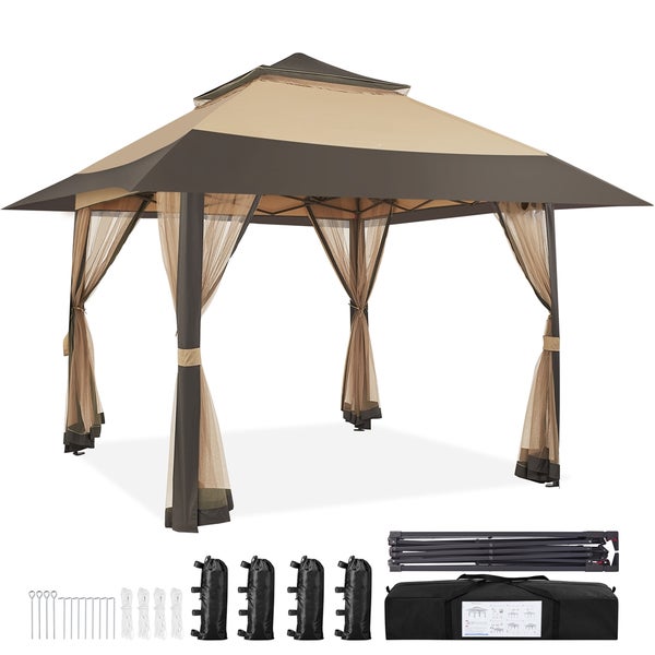 Pavillon mit Zubehör wie Heringen, Seilen und Sandsäcken zur Befestigung