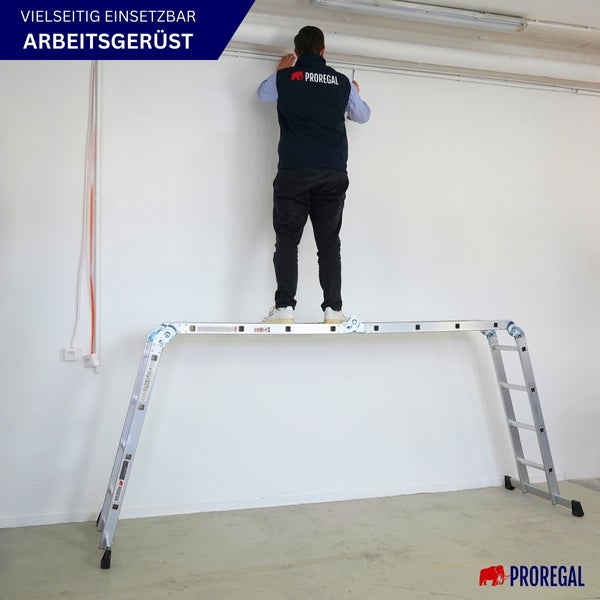 Sprossen-Mehrzweckleiter MULTISTEP geprüft nach EN 131-Standard | mit Gerüstplattform | 4-teilig Aluminiumleiter | 4x4 Sprossen | bis zu 4,6 m Höhe | Traglast 150kg | Arbeitsgerüst, Stehleiter & Anlegeleiter
