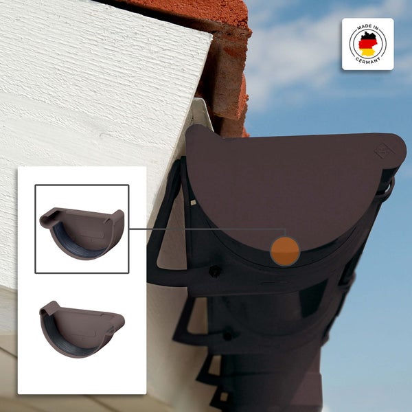 Dunkelbraunes Dachrinnen-Endstück aus Kunststoff mit Dichtung an einer Dachrinne montiert, Hergestellt in Deutschland.