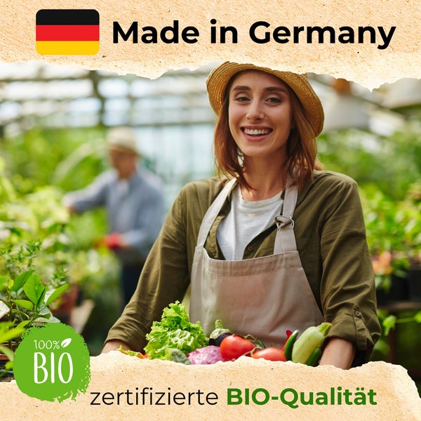 Gärtnerin mit Korb voll frischem Bio-Gemüse im Gewächshaus. Hergestellt in Deutschland, zertifizierte Bio-Qualität.