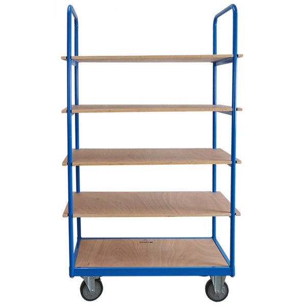 Rollwagen mit fünf Holzböden und blauem Metallrahmen