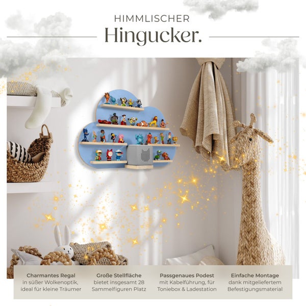 Dekoratives Regal in Wolkenform zur Aufbewahrung von Figuren und einer Toniebox im Kinderzimmer