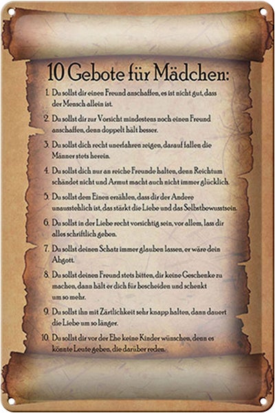 Blechschild Spruch 20x30cm 10 Gebote für Mädchen du sollst