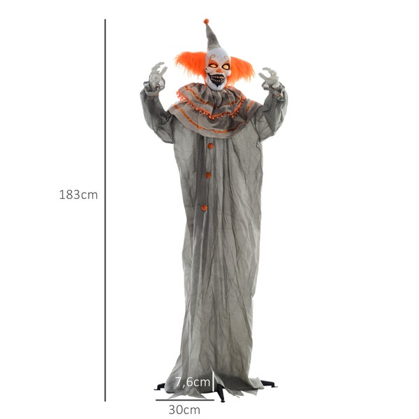 HOMCOM 183cm Halloween Dekoration Stehender Clown mit LED-Lichter, Soundfunktion, Haustür Deko mit verstellbare Arme, Garten Dekofigur in Lebensgröße für Party, Orange+Grau