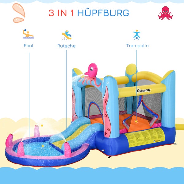 Outsunny Aufblasbare Hüpfburg mit Rutsche Springburg Spielburg Wasserpark für Kinder Trampolin aufblasbar Wasserrutsche Pool für 3-8 Jahre Oktopus-Muster Oxfordstoff 360 x 175 x 180 cm