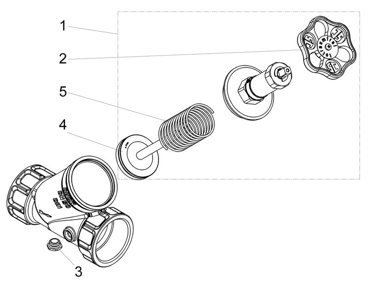 Technische Zeichnung einer Ventilbaugruppe mit nummerierten Einzelteilen wie Handrad, Feder und Gehäuse.