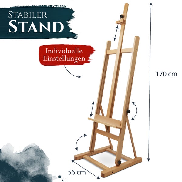 Holz Staffelei mit 170 Zentimeter Höhe und 56 Zentimeter Breite für Künstler, individuell verstellbar.