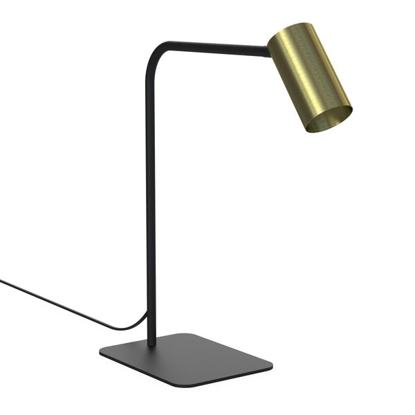 Moderne Schreibtischlampe aus Metall mit schwarzem Gestell und goldfarbenem zylindrischem Schirm.