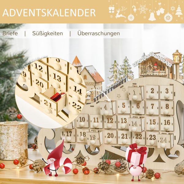 Adventskalender aus Holz in Form eines Schlittens mit 24 nummerierten Schubladen für Süßigkeiten oder kleine Überraschungen.