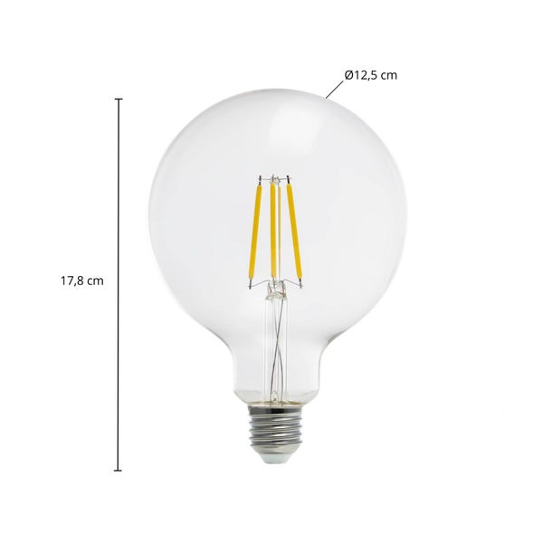LED-Filament-Globelampe aus klarem Glas, Durchmesser 12,5 Zentimeter, Höhe 17,8 Zentimeter.