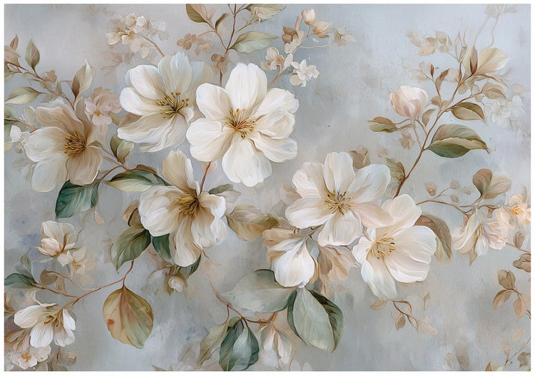 Florales Muster mit großen, malerischen Blüten und Blättern auf einem texturierten Hintergrund für die Wandgestaltung.