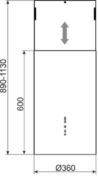 Technische Zeichnung einer Dunstabzugshaube mit Maßangaben von 890 bis 1130 Millimeter Höhe und 360 Millimeter Durchmesser.