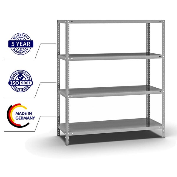 PROREGAL Fachbodenregal Schraubsystem Medium-Duty Grundregal HxBxT 150 x 130 x 50 cm 4 Ebenen Fachlast 200 kg Beidseitig Nutzbar Verzinkt