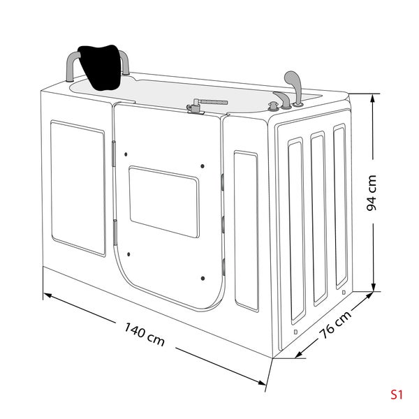 Sitzbadewanne mit Tür, Kopfstütze und Armaturen. Maße: Länge 140 Zentimeter, Breite 76 Zentimeter und Höhe 94 Zentimeter.