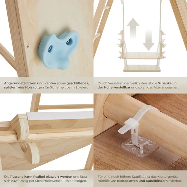 Detailansichten eines Holz Klettergeräts für Kinder mit Schaukel, Rutsche, Klettergriff und Befestigungsmaterial zur sicheren Montage.
