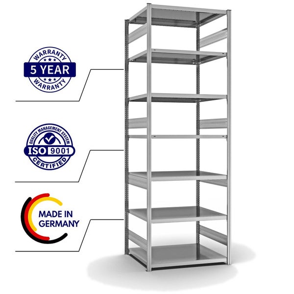PROREGAL Fachbodenregal Stecksystem T-Profil Heavy-Duty Grundregal HxBxT 300 x 100 x 80 cm 7 Ebenen Fachlast 330 kg Beidseitig Nutzbar Verzinkt