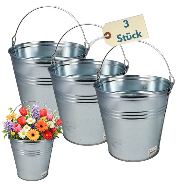 Drei Metalleimer mit Henkel, einer mit Blumen befüllt, Etikett mit der Aufschrift '3 Stück'.