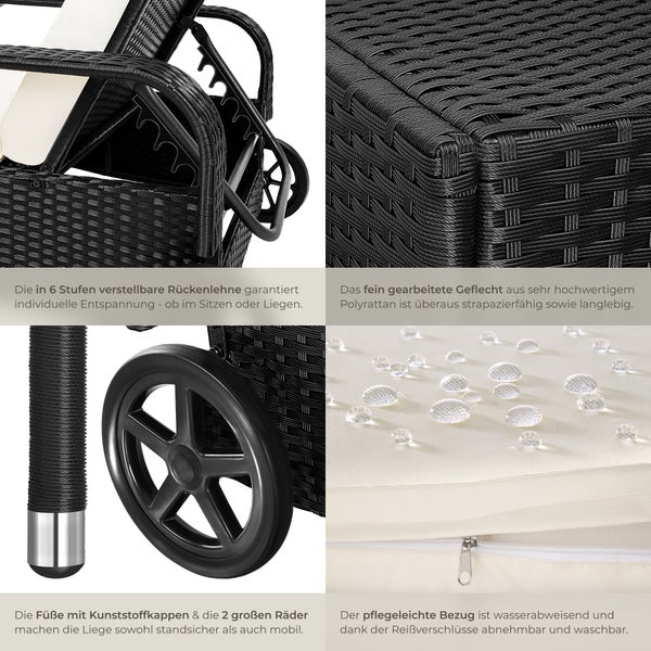 Rattan Sonnenliege tectake  200 x 70 x 33 cm widerstandsfähig schwarz/beige