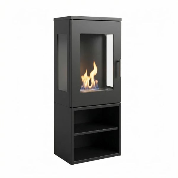 Freistehender Bioethanol-Kamin aus schwarzem Metall mit dreiseitiger Verglasung und integriertem Ablagefach.