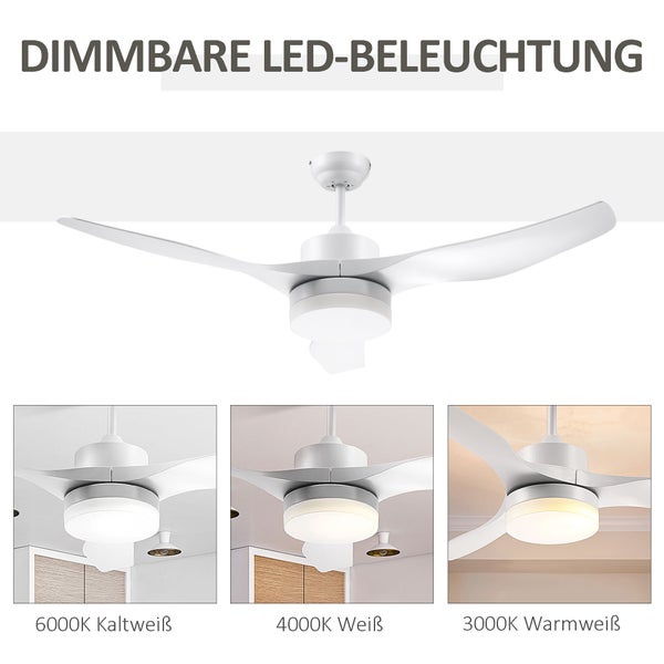 HOMCOM Deckenventilator mit Beleuchtung, umkehrbar LED Deckenleuchte mit Ventilator, 6 Geschwindigkeiten, 3 Lichtfarben, Deckenlampe mit Fernbedienung, Timer für Wohnzimmer, Esszimmer Weiß