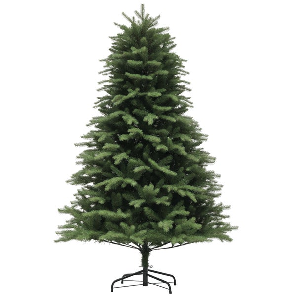 Künstlicher Weihnachtsbaum mit realistischen grünen Nadeln und schwarzem Metallständer.