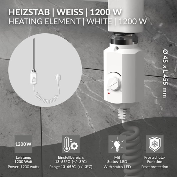 Elektrischer Heizstab für Heizkörper, 1200 Watt, weiß, Temperaturregler 13 bis 65 Grad Celsius, Statusanzeige und Frostschutzfunktion.