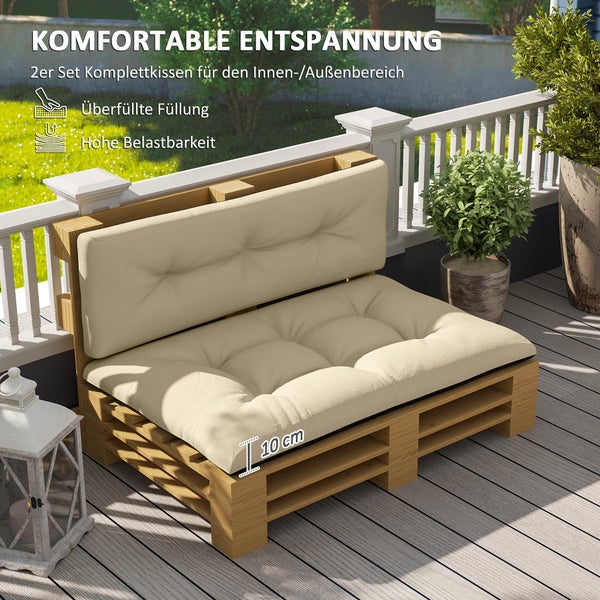 Outsunny Palettenkissen 2er Set Wasserabweisend Sitzkissen Palettenpolster mit Getuftetem Design Rückenlehne Outdoor Kissen Palettenauflagen für Europaletten Palettensofa 120 x 77 x 10 cm Beige