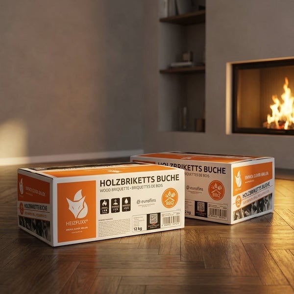 Zwei Packungen Heizfuxx Holzbriketts Buche à 12 Kilogramm auf einem Holzboden vor einem brennenden Kamin in einem hellen, modernen Wohnzimmer.