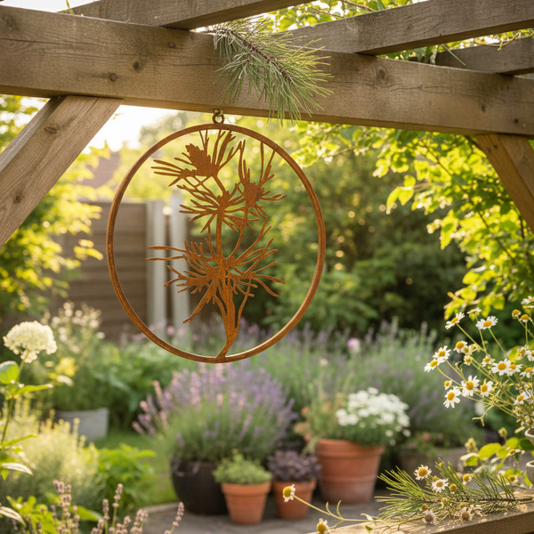 Hängende Gartendekoration aus Metall mit Pflanzensilhouette an einer Holzpergola, in einem hellen Garten mit blühenden Pflanzen und Tontöpfen.