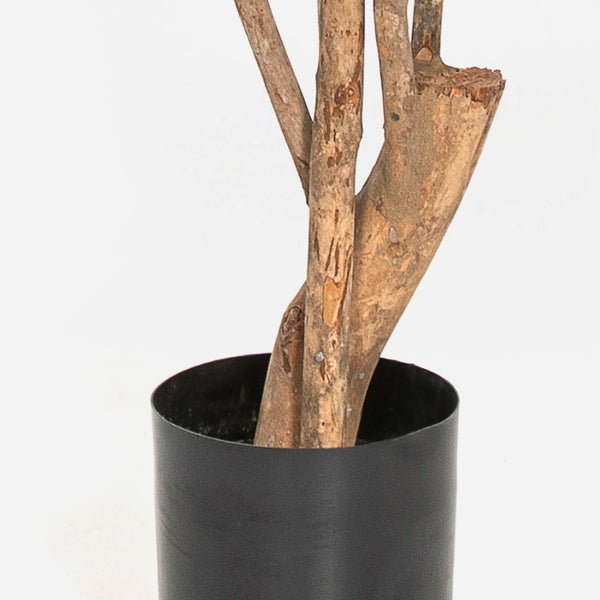 Künstliche Pflanze mit Stämmen aus Naturholz in einem schwarzen Kunststofftopf.