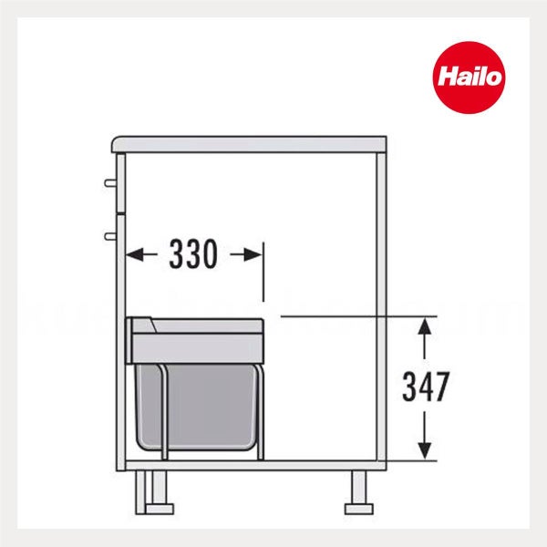 Maßzeichnung eines Hailo Abfallsammlers im Unterschrank mit Breite 330 Millimeter und Höhe 347 Millimeter. Hailo Logo.