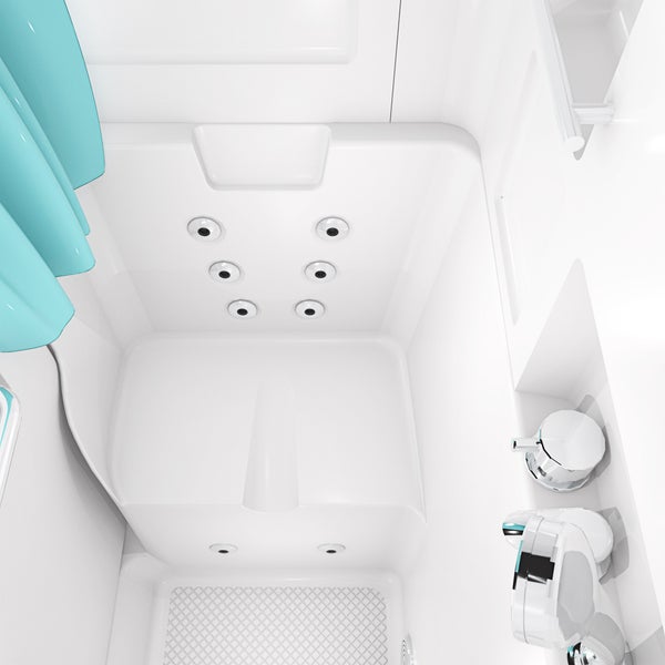 Draufsicht auf eine weiße Sitzwanne mit Whirlpool-Düsen, integriertem Sitz, Handbrause und Armatur.