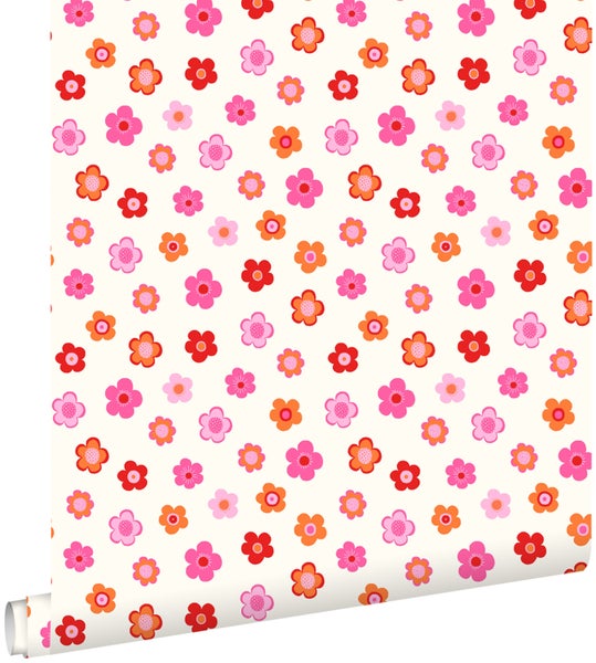 ESTAhome Tapete Blumenmuster Rosa, Korallenrot und Orange - 53 cm x 10,05 m - 138725