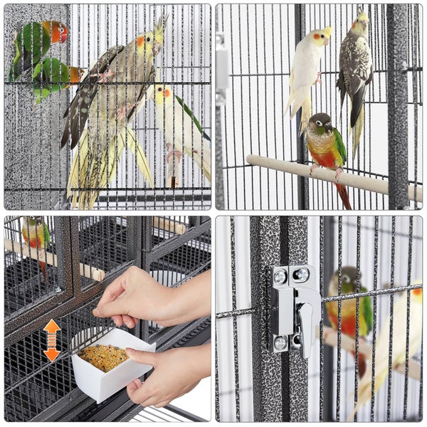 Detailansicht eines Vogelkäfigs mit verschiedenen Vögeln, Futterbehälter und Verschlussmechanismus
