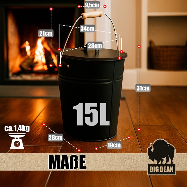 Schwarzer Kaminholzkorb aus Metall mit Deckel, Tragegriff und Maßangaben