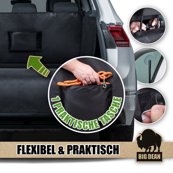 Flexible und praktische Kofferraumschutzdecke für Haustiere mit Tasche und Befestigungselementen.