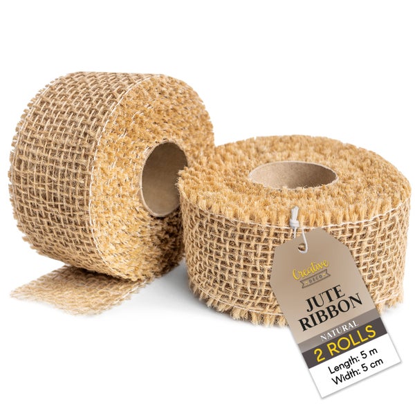 Zwei Rollen natürliches Juteband, jeweils 5 Meter lang und 5 Zentimeter breit, für Dekoration und Bastelarbeiten.