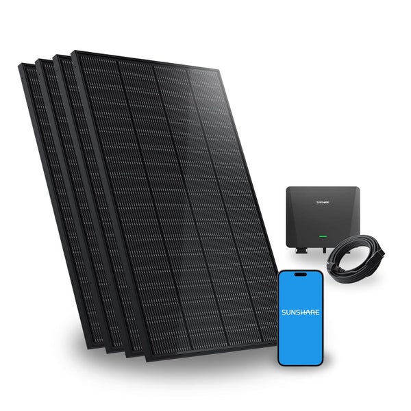 Mehrere Solarzellen, Wechselrichter, Kabel und Smartphone mit der Sunshare App