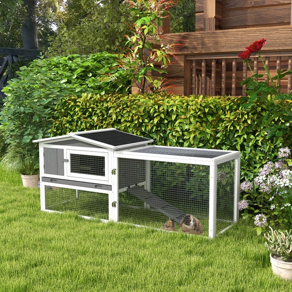 PawHut Hasenstall Kaninchenstall mit Freilaufgehege Bodenwanne, Rampe, Kleintierstall aus Holz Meerschweinchen Gehege mit 2 Etagen, Sichtfenster, für Zwergkaninchen 156x58x68 cm, Hellgrau
