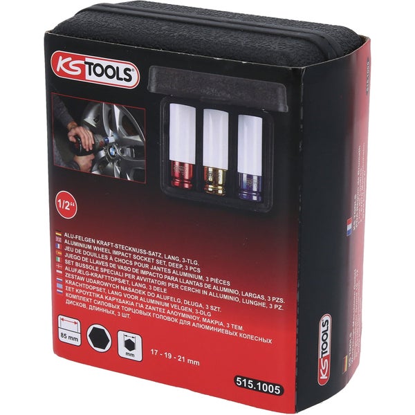 KS Tools Logo. Aluminium Felgen Kraft Stecknuss Satz, lang, 3-teilig