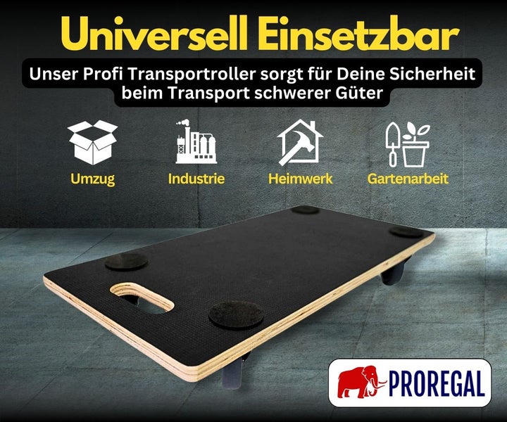 Transportroller mit Antirutschpunkten und Tragegriff für Umzug, Industrie, Heimwerken und Gartenarbeit mit Proregal Logo.