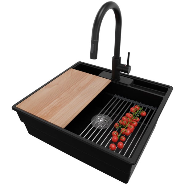 PRIMAGRAN Granitspüle Schwarz 58x53cm, Spülbecken 1 Becken + Küchenarmatur 40x20cm + Ablauf-Set + Küchenzubehörset, Küchenspüle ab 60er Unterschrank - New York