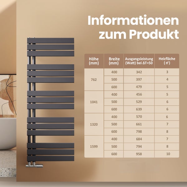 EMKE Badheizkörper Flach 762 x 400 mm Anthrazit, Wasserbetriebener Handtuchwärmer für Badezimmer, Design Handtuchhalter mit Seitenanschluss, 342 W, Zentralheizung geeignet