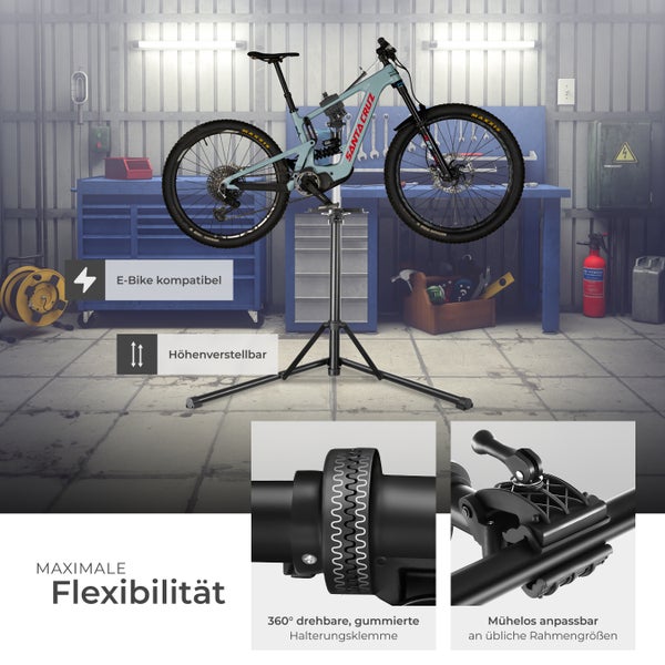 Fahrradmontageständer tectake Jan inklusive Vorderrad-Stabilisator und magnetischer Werkzeugablage Belastbarkeit 50 kg, klappbar mit Schnellverschlüssen grau/schwarz