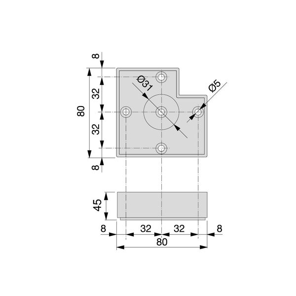 Technische Zeichnung eines quadratischen Möbelgleiters mit Bemaßung in Millimetern.