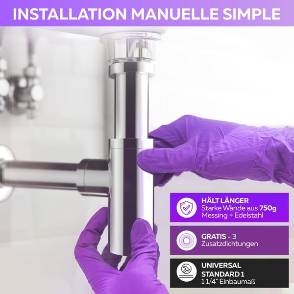 Installation eines Siphons im Badezimmer mit Informationen zu Haltbarkeit, Dichtungen und Standardgrößen