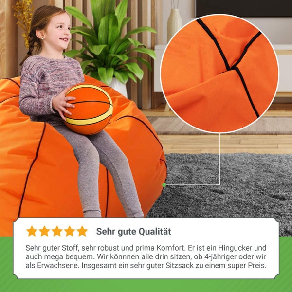 Green Bean Basketball-Sitzsack fertig befüllt 300L EPS Perlen - Kinder & Erwachsene 110cm Bean Bag Riesensitzsack Liegekissen Lounge Chair Sitzkissen Waschbarer Bezug Gaming Sessel Orange