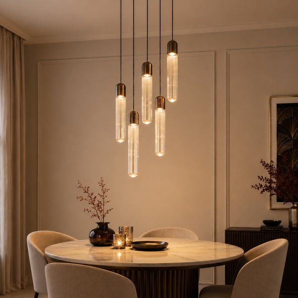 Moderne Pendelleuchte mit fünf zylindrischen Glasleuchten in unterschiedlichen Höhen über einem runden Esstisch in einem eleganten Esszimmer.