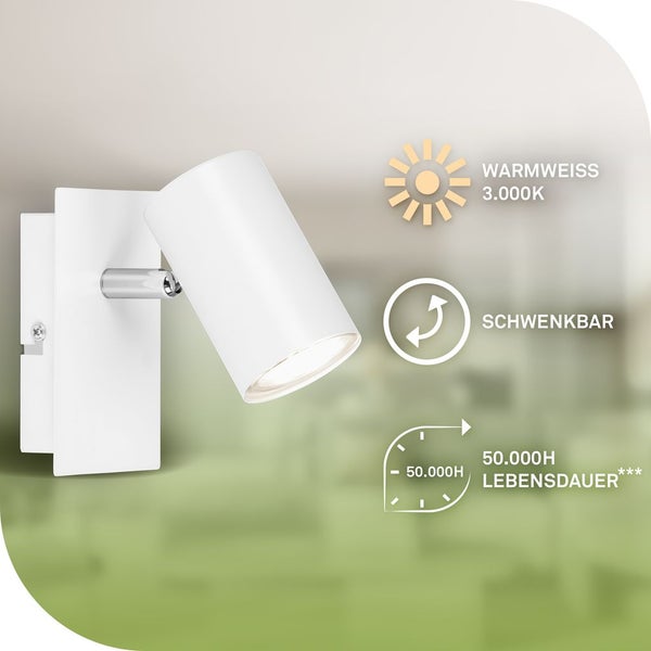 Weiße Wandleuchte mit drehbarem Leuchtenkopf, warmweißem Licht und einer Lebensdauer von 50.000 Stunden.